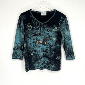 Cactus Bay Top Womens M Tribal Horse Boho Embellished Blue Western Equestrian‎
